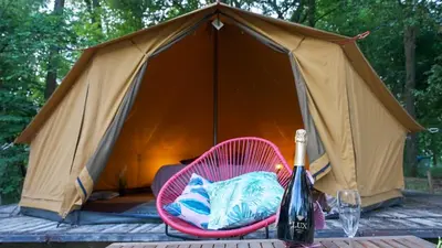 a tent with a basket and a bottle of wine at ASILI DELUXE - Zebra in Lichtaart
