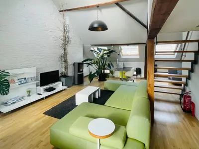 a living room with a green couch and a tv at Spacious Loft in the Historical Centre in Ghent