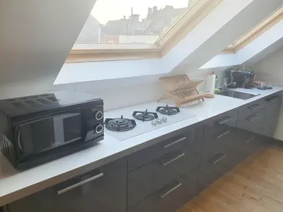 a kitchen with a microwave oven and a stove at Spacious Loft in the Historical Centre in Ghent