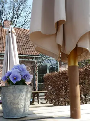 a pot of purple flowers next to an umbrella at B&B Zinnen en Minnen in Herselt