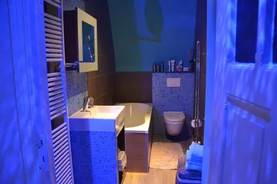 a blue bathroom with a sink and a toilet at B&B Casa Luna Loft in Dendermonde