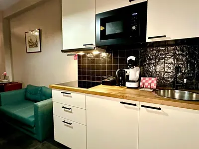 a kitchen with a counter with a sink and a microwave at Luxury Suites Diamond by Rikas Hotels in Antwerp
