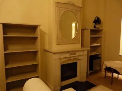 a living room with a fireplace and a mirror at B&B Sparrow's Nest in Ghent