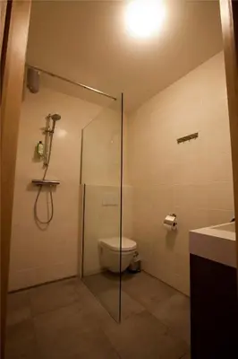 a bathroom with a shower with a toilet and a sink at B&B D'Hollehoeve in Heist-op-den-Berg