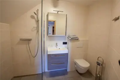 a bathroom with a shower and a sink and a toilet at B&B D'Hollehoeve in Heist-op-den-Berg