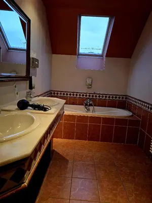 a bathroom with a sink and a bath tub at Hotel De Notelaer in Bornem