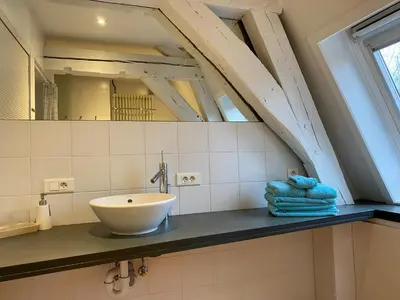 a bathroom with a sink and a mirror at Chambreplus Kriski in Ghent