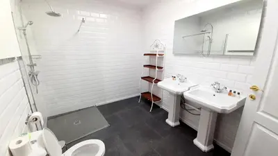 a white bathroom with two sinks and a toilet at Logies Hanssen in Beveren