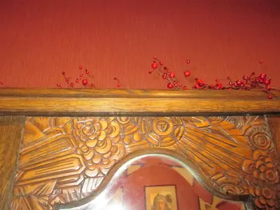 a wooden shelf with red berries on top of it at Apartments Suites in Antwerp in Antwerp