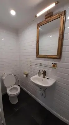 a bathroom with a toilet and a sink at Bosdam Budget Rooms in Beveren