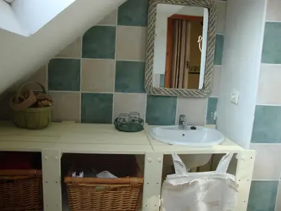 a bathroom with a sink and a mirror at B&B Marianne in Brussels