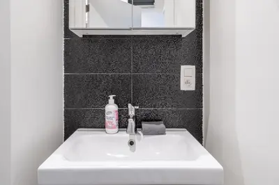 a bathroom sink with a bottle of soap on it at Beautiful Cozy Apartments in the Heart of Antwerp in Antwerp