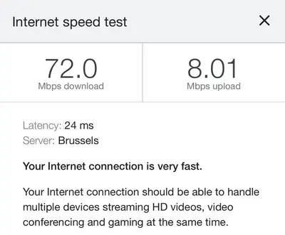 a screenshot of a cell phone with a screenshot of the internet speed test at Cosy house in a charming village in Beauvechain