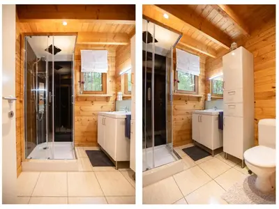 two pictures of a bathroom with a shower and a toilet at Boshuisje in Lille