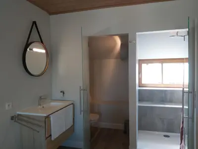 a bathroom with a sink and a mirror and a shower at B&B Entre Champs in Ohain