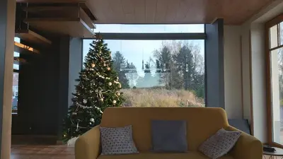 a christmas tree in a living room with a couch at B&B Entre Champs in Ohain