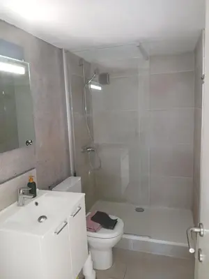 a bathroom with a shower and a toilet and a sink at Résidences De Champles in Bierges