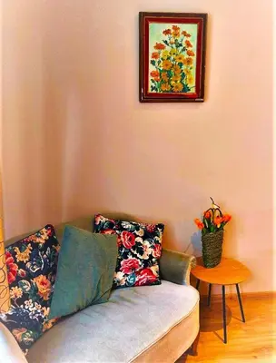 a living room with a couch and a picture on the wall at Mezonvin in Antwerp