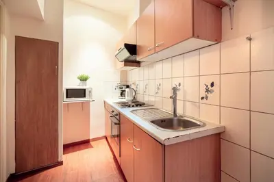 a small kitchen with a sink and a microwave at Saint Paulus Square Apartments in Antwerp