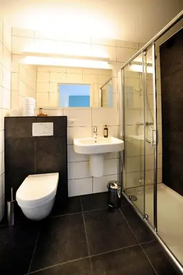 a bathroom with a toilet and a sink and a shower at B&B De Meren in Aarschot