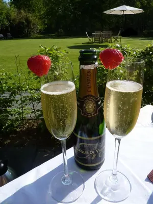two glasses of champagne on a table with a bottle of champagne at B&B De Meren in Aarschot