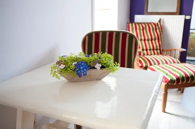 a white table with a potted plant on top of it at B&B t'Keygoed in Ghent