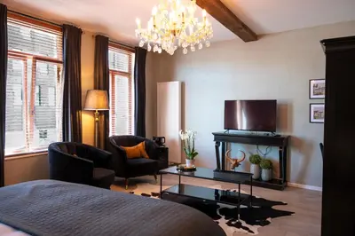 a bedroom with a bed and a chandelier at B&B De Koepoort in Mechelen