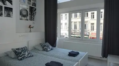 a small bedroom with a bed and a window at Roosevelt Apartments. in Antwerp