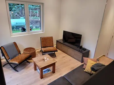 a living room with a couch and a tv at Hogenberg Heiken Lichtaart Kasterlee met eigen laadpaal in Lichtaart