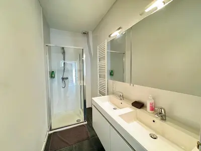 a bathroom with a shower and a sink and a mirror at Antwerp Old Town Centrum Apartment in Antwerp