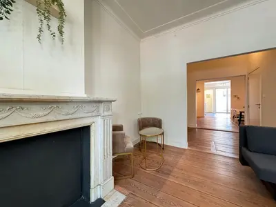 a living room with a fireplace and a couch at Antwerp Old Town Centrum Apartment in Antwerp