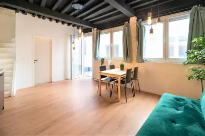 a dining room with a table and chairs and windows at Saint Pauls Central Residence in Antwerp