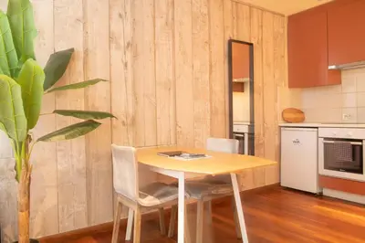 a kitchen with a wooden table with chairs and a plant at Beautiful city center apartments in Ghent near medieval castle in Ghent