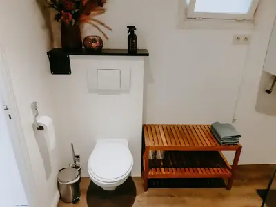 a small bathroom with a toilet and a shelf at Geel Chalet in Netevallei in Geel