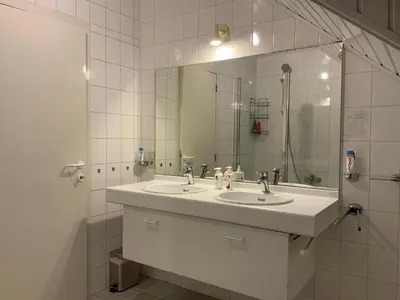 a bathroom with two sinks and a large mirror at LinZn vakantiehuis in Wuustwezel