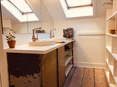 a bathroom with a sink and a mirror at Logies Lapin in Antwerp