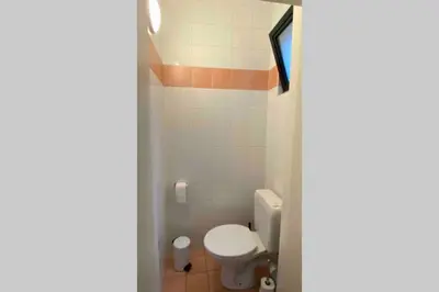 a bathroom with a white toilet in a room at Duplex in historical centre with private courtyard in Antwerp