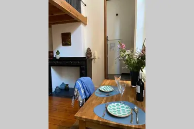 a dining room with a table and a fireplace at Duplex in historical centre with private courtyard in Antwerp