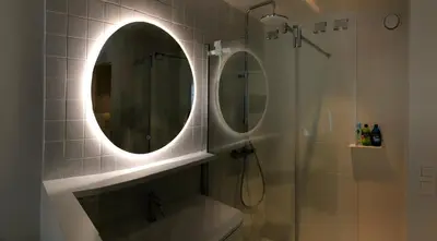 a bathroom with a shower and a sink and a mirror at Het Nekkerhof B&Bio in Mechelen