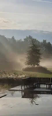 a park bench sitting next to a body of water at Lit de Clémot in Merelbeke