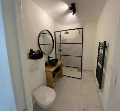 a bathroom with a mirror and a sink and a toilet at De Flat - Licht en luxueus appartement bij Het Zuid in Antwerp