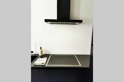 a kitchen with a sink and a black cabinet at De Flat - Licht en luxueus appartement bij Het Zuid in Antwerp