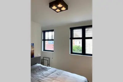 a bedroom with a bed and two windows at Schitterend nieuwbouw appartement in Gent in Ghent