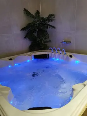 a hot tub with blue lights in a bathroom at Mica beauty & wellness center in Temse