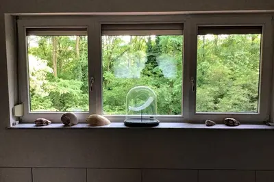 a window with a mirror on a counter in front of it at Charming house in the woods with private wellness in Schilde