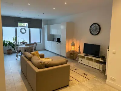a living room with a couch and a television at Charming modern apartment in the heart of Antwerp with optional private parking in Antwerp