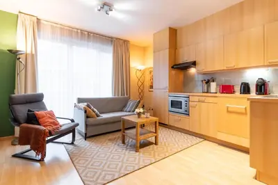 a living room with a couch and a kitchen at Cozy Apartment Brussels Centre in Brussels