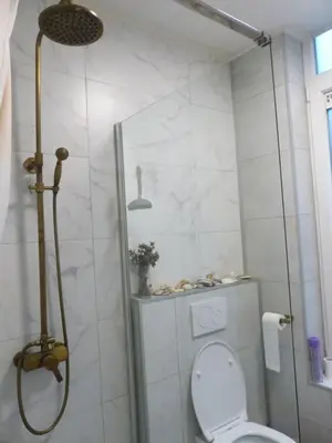 a bathroom with a shower with a toilet in it at Superbe Studio au 1er étage, proche de la gare du Midi in Brussels