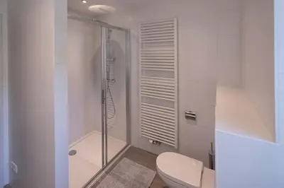 a white bathroom with a shower and a toilet at BEUKENHOUSE in Drogenbos