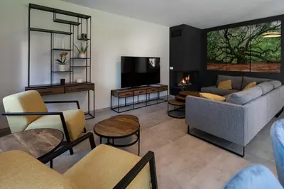 a living room with a couch and a tv at BEUKENHOUSE in Drogenbos